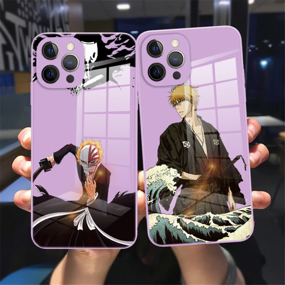 

Bleach anime Ichigo Kurosaki Phone Cover For iPhone 11 12 13 14 Pro Max X XR XSMax 8 14 Plus Purple Tempered Glass bumper Case