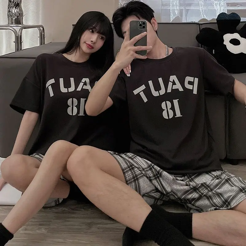 2 sets of price lovers pajamas women summer cute a man and a woman with short sleeves loose couple leisurewear suit