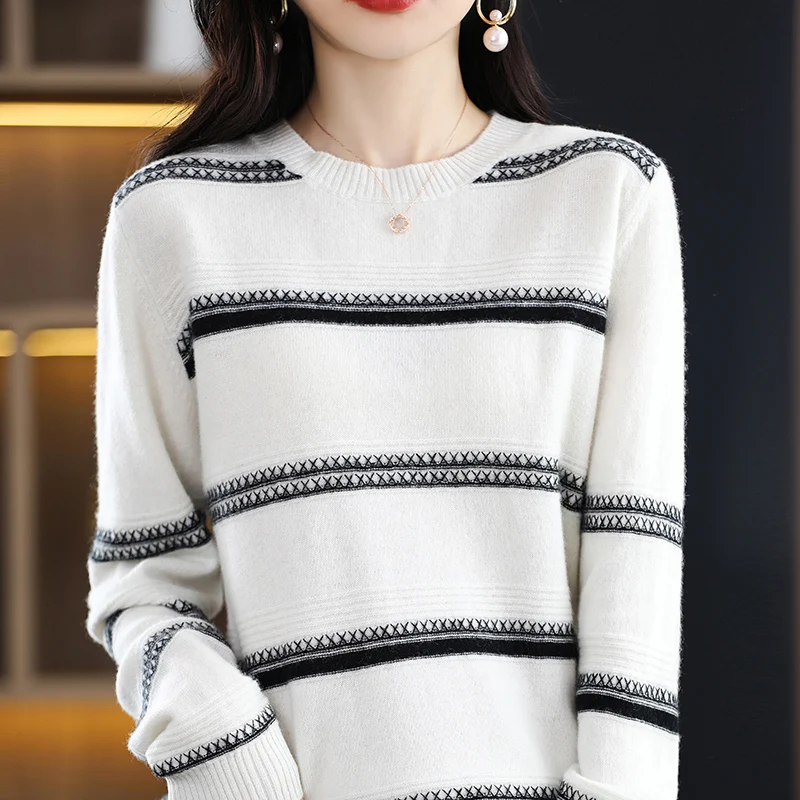 

New Style Woman's Sweaters Casual Striped Jumper Female Pullover Long Sleeve O-Neck Autumn Winter Blouse 100% Wool Knitted T
