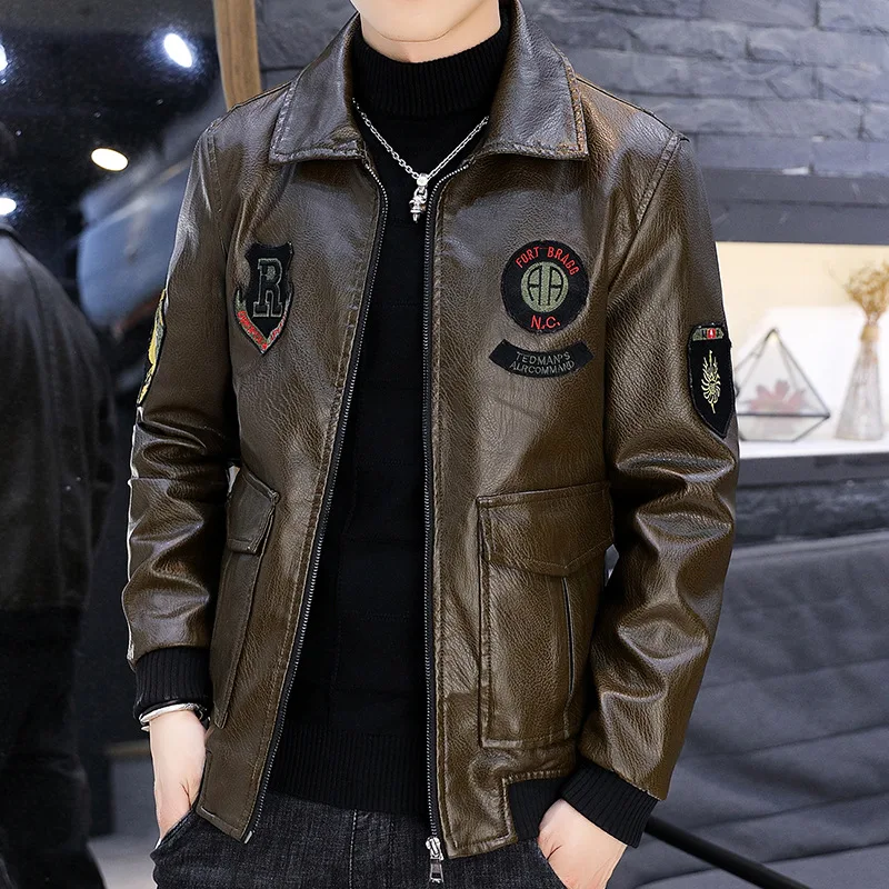 

Men's cashmere leather coat autumn and winter trend motorcycle fashion leather jacket thickened youth warm coat