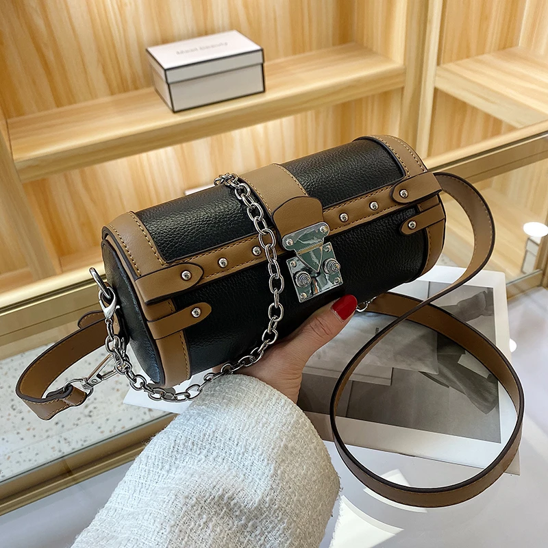 

2022 Women Fashion Small Cross Body Bags PU Leather Vintage Female Handle Bags Luxury Retro Barrel Shaped Shoulder Bags