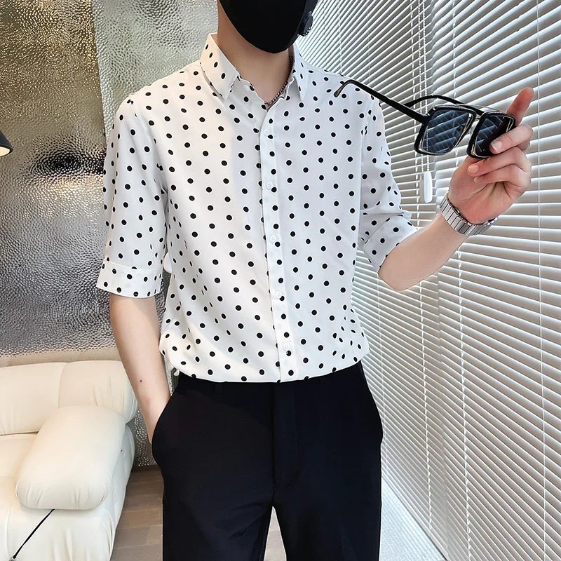 

White Black Polka Dot Printed Men Dress Shirts Summer Button Up Half Sleeved Chemise Social Homme Asian Size 3XL-M Mens Clothing