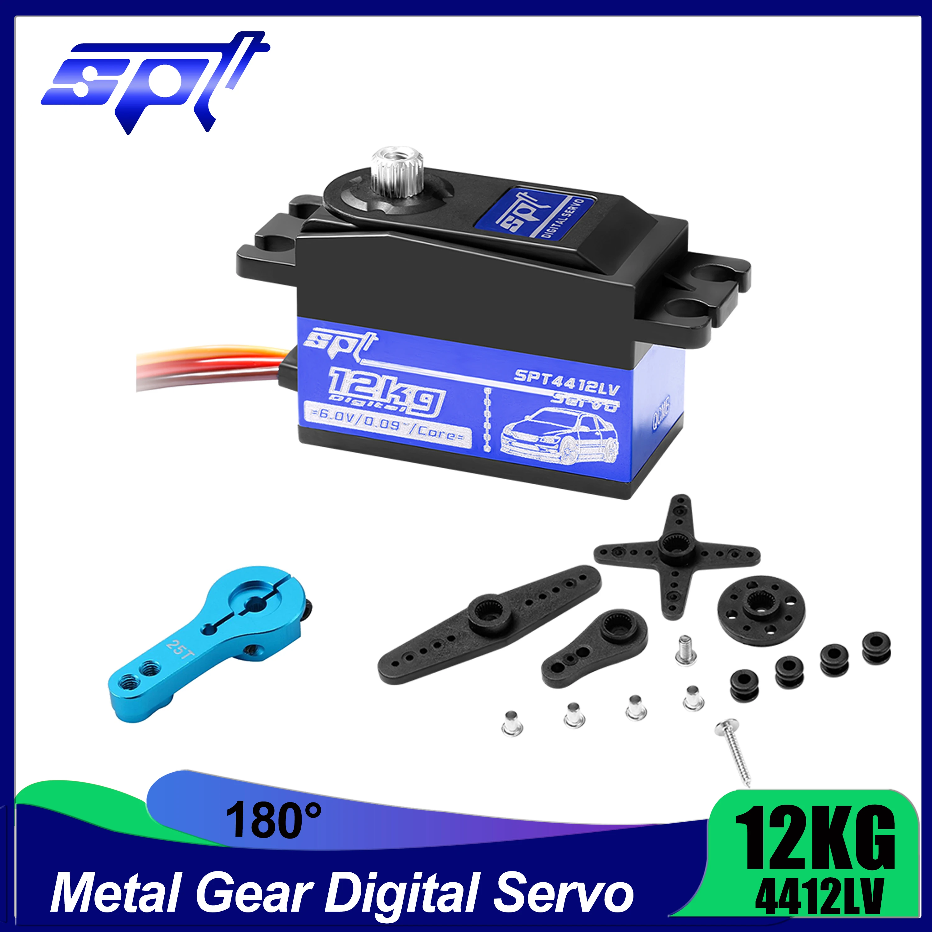 SPT 12KG RC Servo 4412LV 180 ° металлическая шестерня, короткий корпус, низкая мощность/металлический рычаг для 1/10 1/12 RC Car SCX10 TRX4 с фиксированным крылом