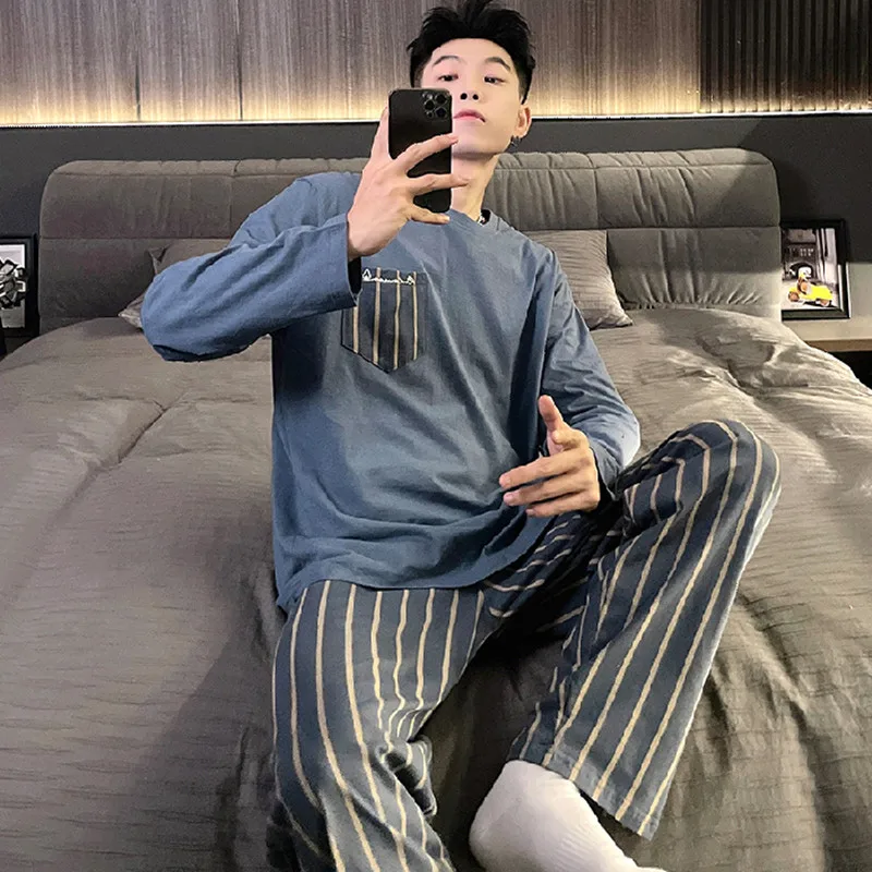 2023 Men's Pajamas Set  Spring Leisure Elastic Waist Men Sleepwear Cotton Men's Long Sleeve Nightwear Trousers Homewear Clothes