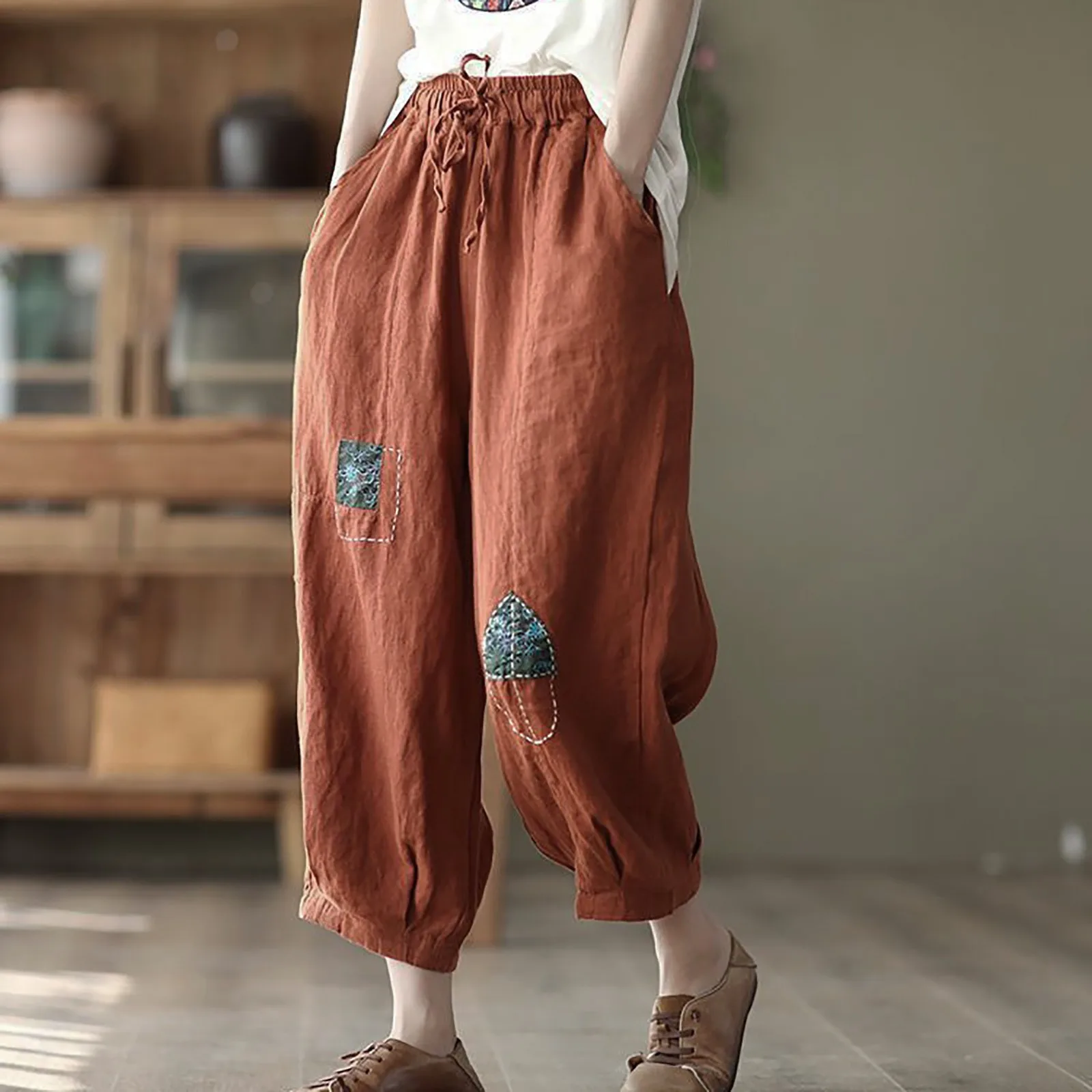 Women's Embroidered Cotton Linen Vintage Ethnic Style Pants Summer Casual Elastic Waist Drawstrings Cropped Pants For Women
