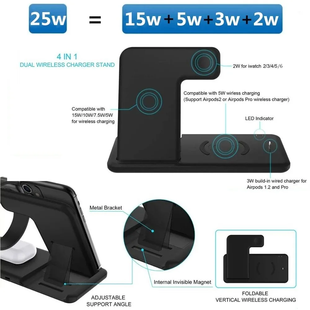 Tanie Bezprzewodowa ładowarka FDGAO 25W 4 W 1 Indukcyjna Podstawka ładująca Dla IPhone 14 13 12 11 8 Airpods 3 Pro Apple IWatch 7 Stacja ładująca