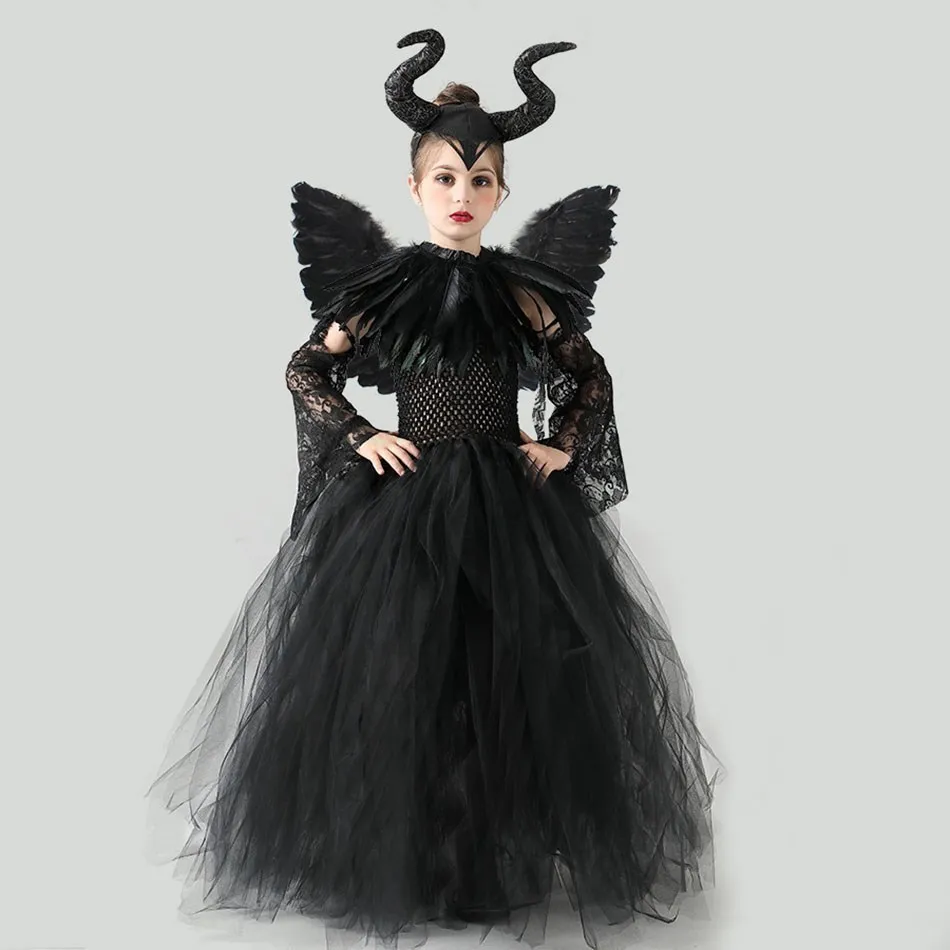  Disney Maleficent Halloween Cosplay Costume Girl Evil Dark Queen Witch Tutu Dress Children Carvinal Party Dresses With Wings