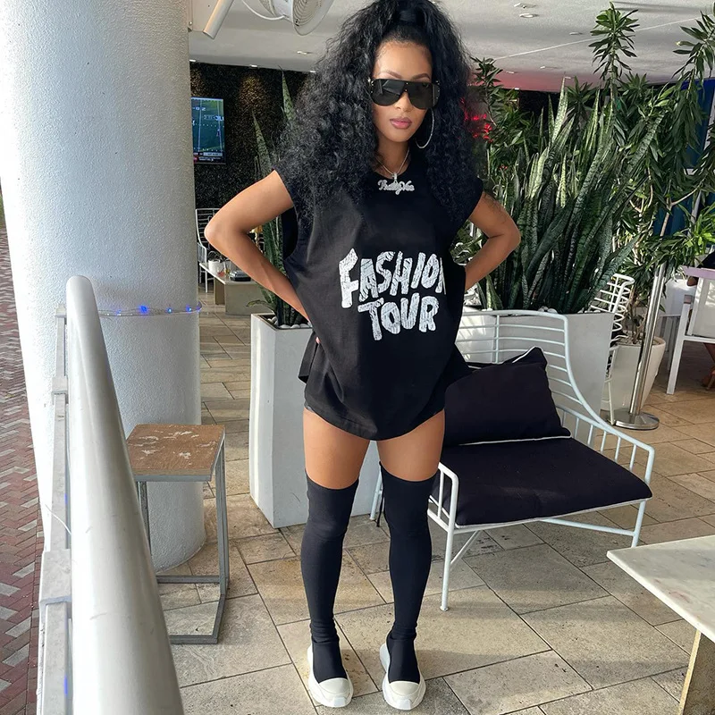 

Блузка женская с круглым вырезом, стильная рубашка свободного покроя с коротким рукавом, с принтом надписи, в уличном стиле, черный цвет, лет...