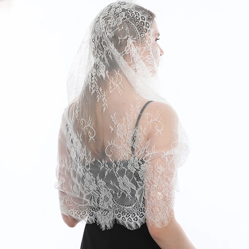 

Lace Head Scarf Solid Color Bridal Veil Head Cover Sheer Floral Church Shawl Bandana Tassel Black White Scarves Soft Handmade