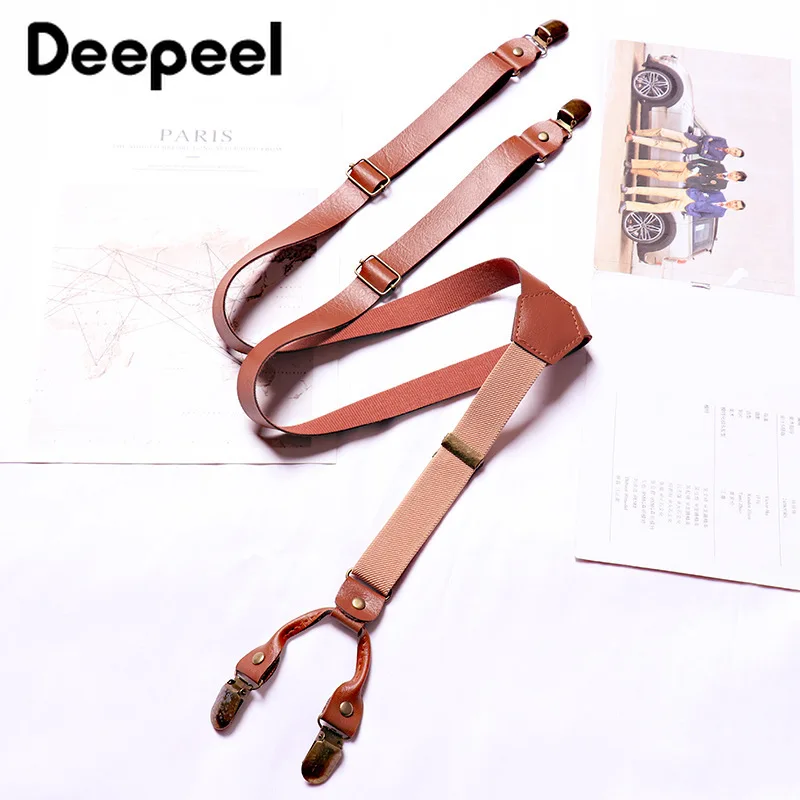1Pc 3*95cm Mens Suspenders Retro 4 Clips Strap Unisex Leather Y-shaped Suspender PU Non-slip Sling Clip Casual Men's Braces