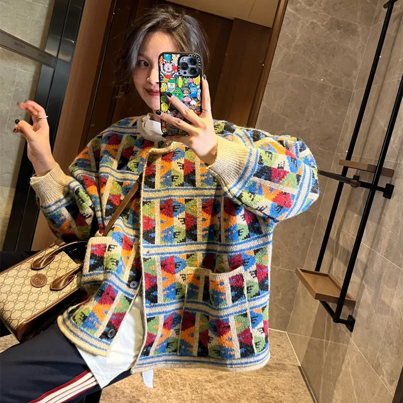 

Hikigawa 2023 Spring Contrast Color Loose Cardigan Vintage Sexy Plaid Sweet Knitted Cardigan Chic Fashion Women Jumpers