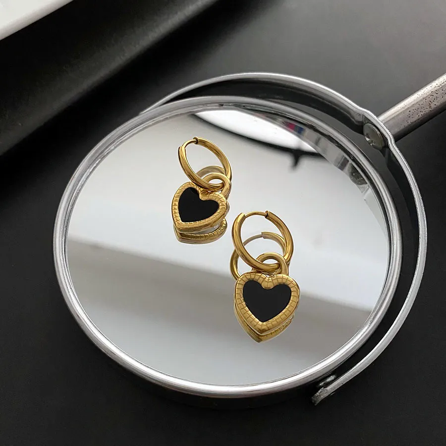 

RACHELZ 2023 Light Luxury Black White Heart Hoop Earrings Vintage Stainless Steel Pendant Earring For Women Jewelry party Gift