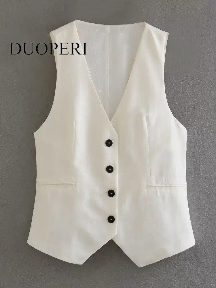 

DUOPERI Women Fashion Beige Single Breasted Vest Waistcoat VIntage V-Neck Sleeveless Female Chic Lady Tank Tops