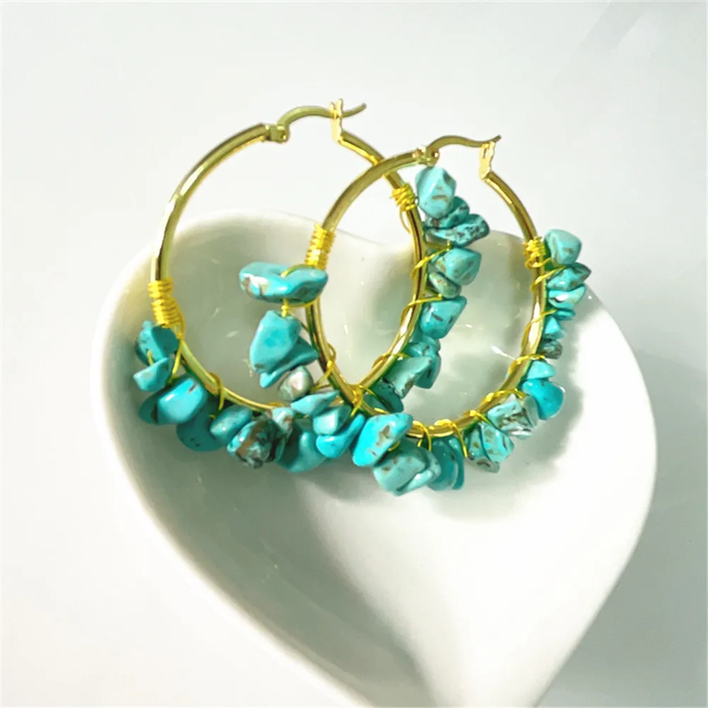 

Bohemian large natural gravel wound earrings handmade pink turquoise fashion earrings