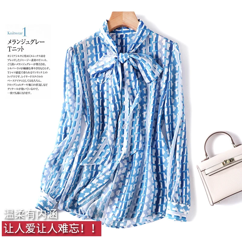 

Print Bow Collar Shirt 100% Natural Silk Long Sleeve Tops Women Luxurious High Quality 2022 Thin Ladies Blouse Office Lady