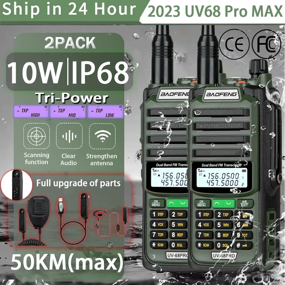 

Портативная рация Baofeng UV-68 Pro Max V2, 10 Вт, IP68, Большая дальность действия, водонепроницаемая, высокая мощность CB Ham UV68, портативная, двусторонняя радиосвязь, охота, 2023