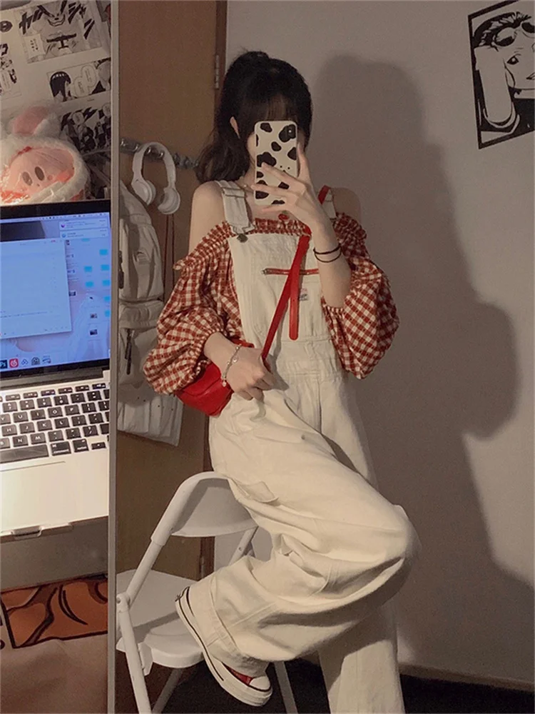 

2023 Women Bottoms White Suspender Jeans Fashion Pocket Straight Wide Leg Pants Casual Baggy Mopping Denim Trouser Ladies Summer