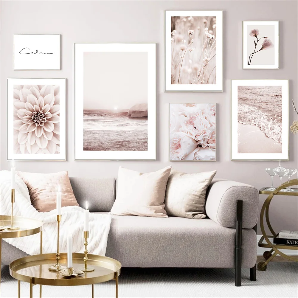 

Pink Flower Landscape Wall Art Canvas Painting Nordic Seascape Posters And Prints Quotes Wall Pictures Living Room Home Decor