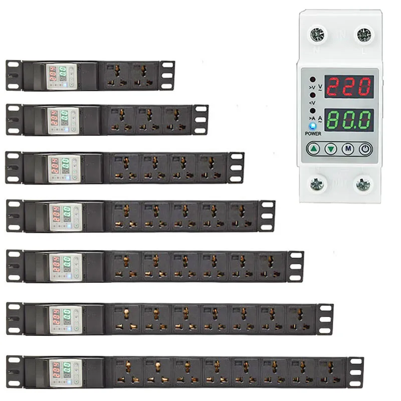 

Блок удлинителя PDU с регулируемым реле защиты от перегрузки по току, цифровой измеритель, 2-8 вариантов, универсальные розетки, 2-метровый шну...