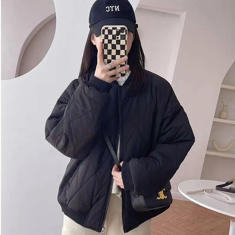 QWEEK Women Winter Parkas Harajuku Black White Green Cropped Zipper Parka Oversize Warm Chic Casual Thicken Coats Korean Fashion