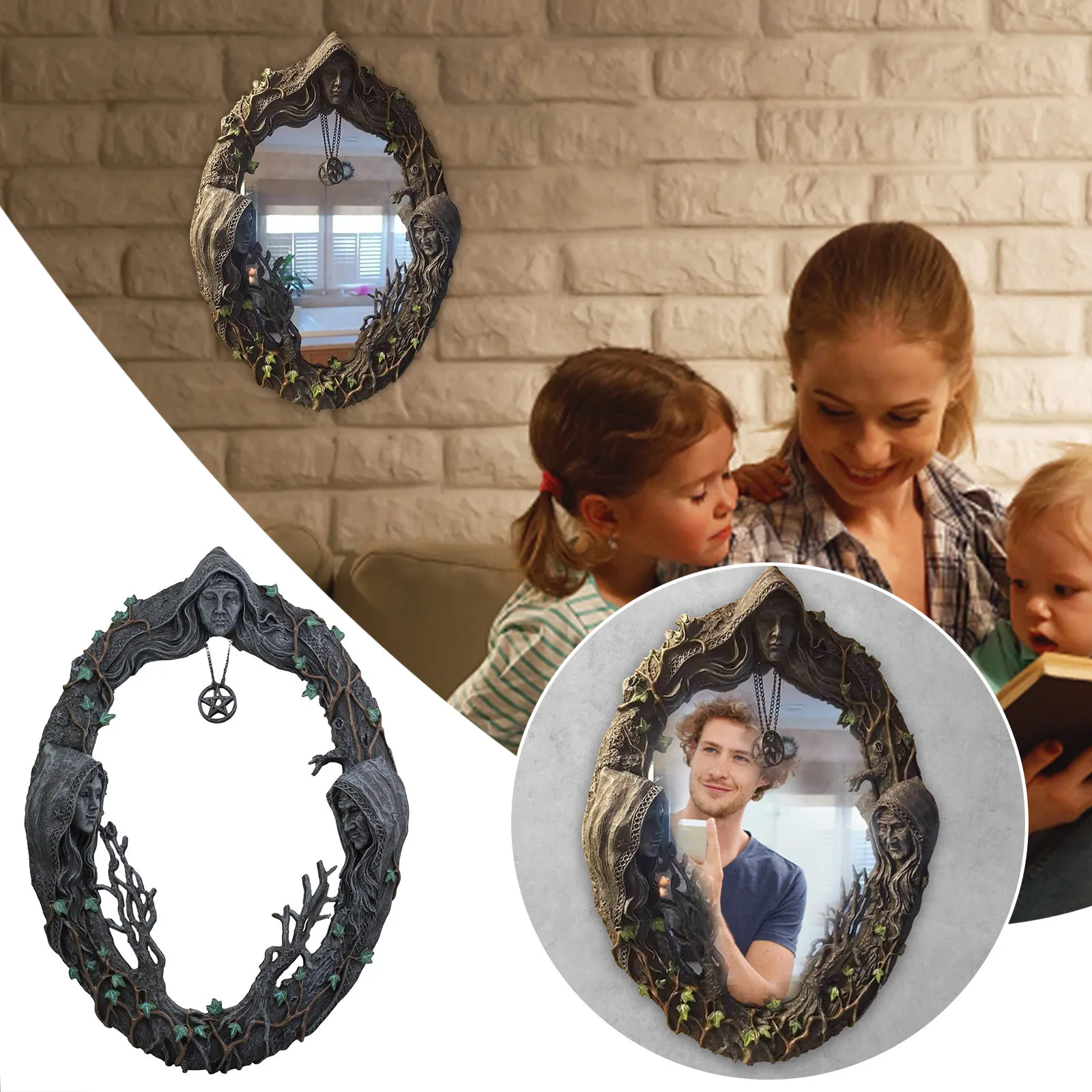 

Triples Goddes Mirror With Amulets Mirror Decoration Wall Hanging Ornaments Resin Crafts For Home Decorative L*5