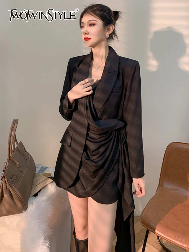 

TWOTWINSTYLE Solid Minimalist Blazers For Women Notched Collar Long Sleeve Irregular Hem Blazer Female Korean Fashion Clothing