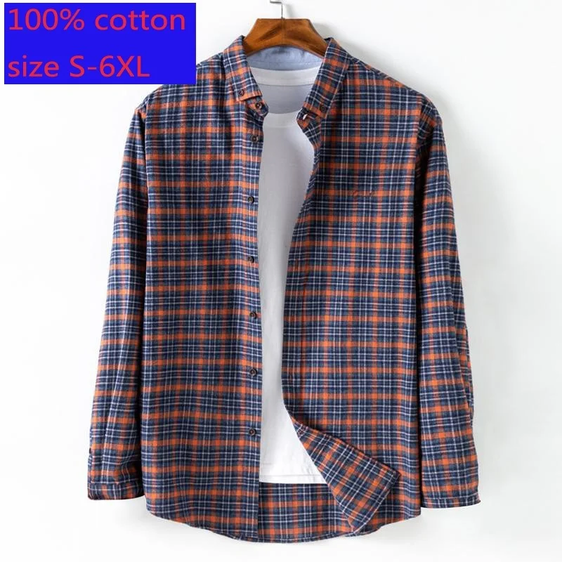 

New Arrival Fashion High Quality Flannel Long Sleeve Men 100% Pure Cotton Loose Autumn Plaid Casual Shirts Plus Size S-5XL 6XL