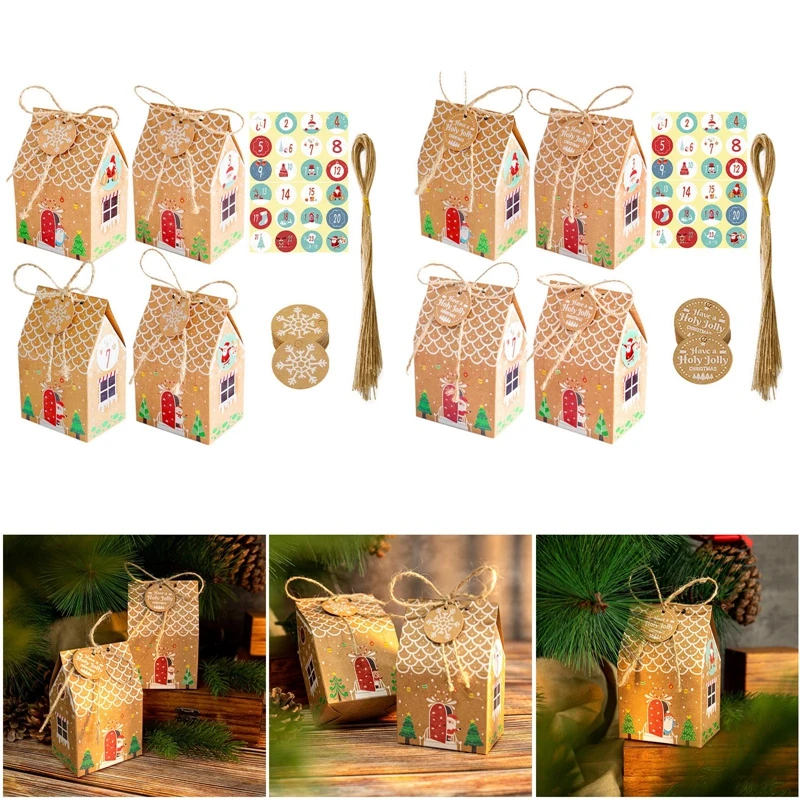 

Винтажные коробки из крафт-бумаги, 24 шт., подарочные пакеты с Санта-Клаусом и оленем на Рождество, конфеты, печенья, упаковочные принадлежнос...