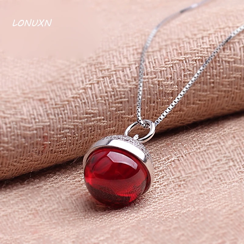 

high quality 925 Sterling Silver Necklace red pendant ball round shape Bohemia Natural stone garnet women jewelry lovers gift