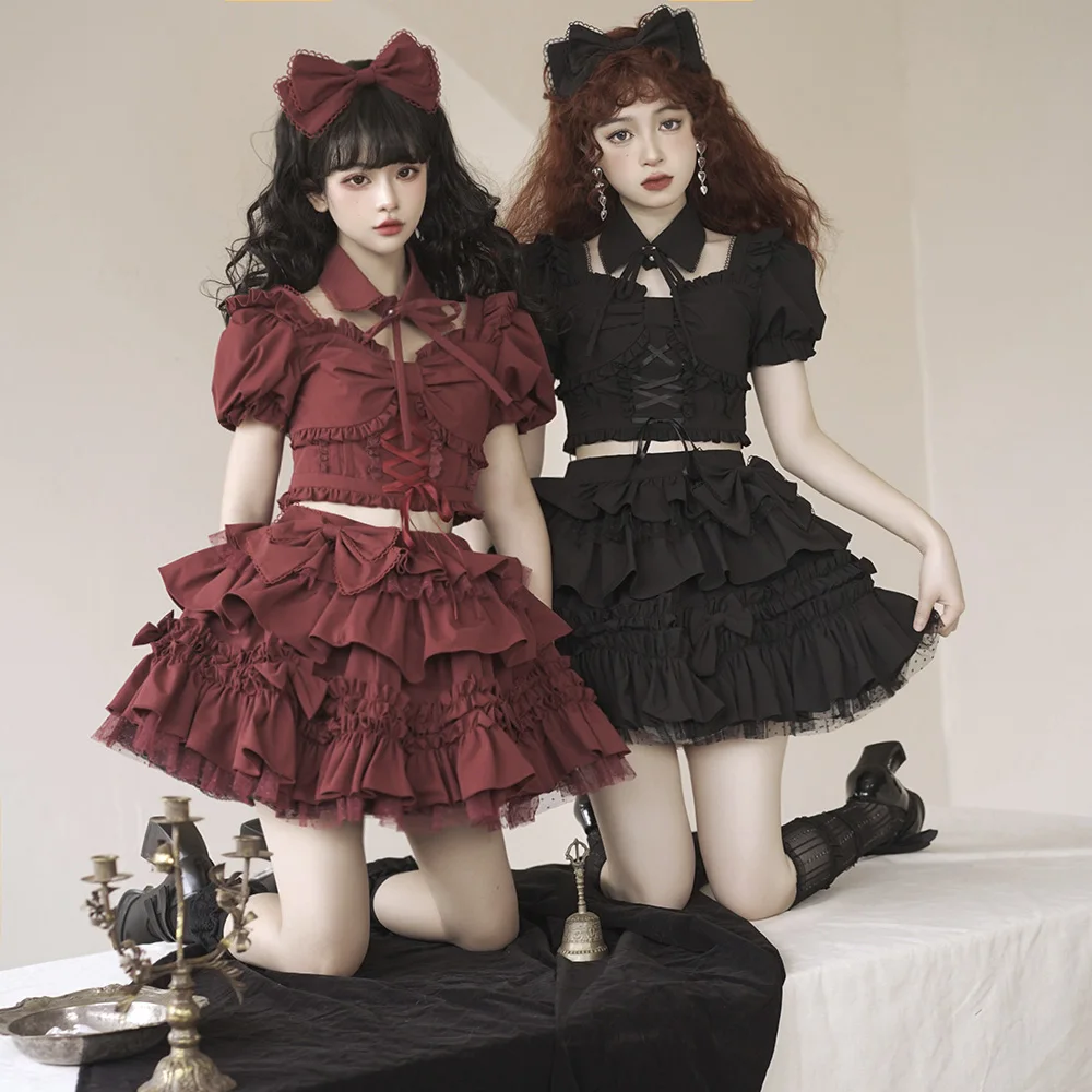 Kawaii Fashion Loli Op Dress Sweet Girls Singing Clothes Split Lolita Set Dark Girl Gothic Lolita Short Top Skirt Kc Summer