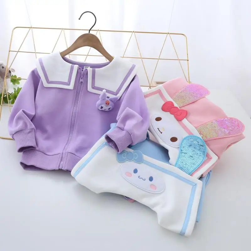 

Милая Осенняя детская одежда Sanrio Kuromi My Melody Cinnamoroll с героями мультфильмов, детская одежда в стиле академии, пальто на молнии для девочек, детский топ