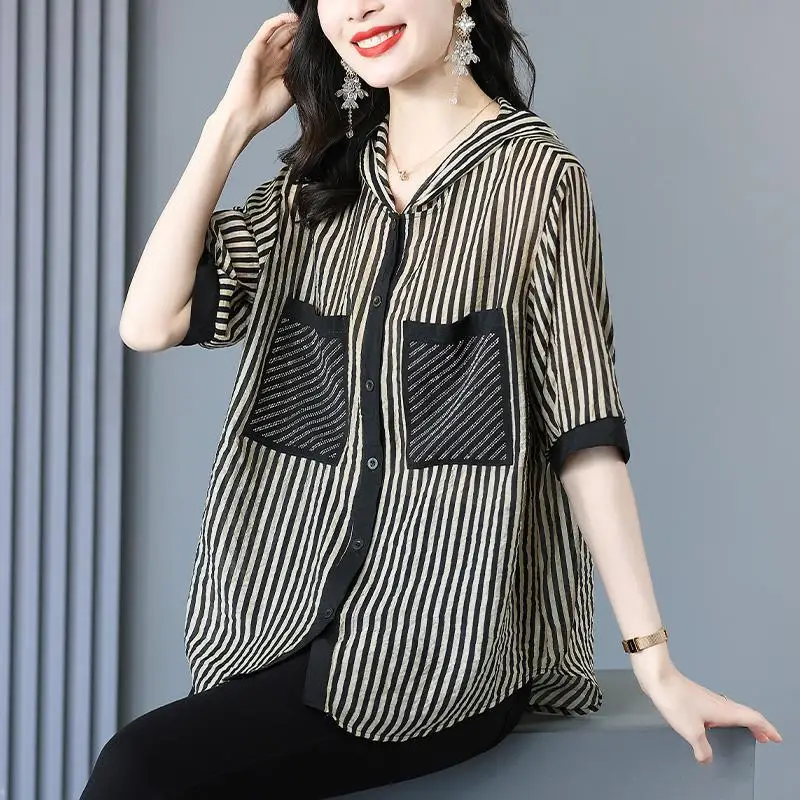 

Summer Hooded Stripes All-match Turn-down Collar Loose Half Sleeve Blouse Fashion Single Breasted Casual Shirt Women Clothes A98