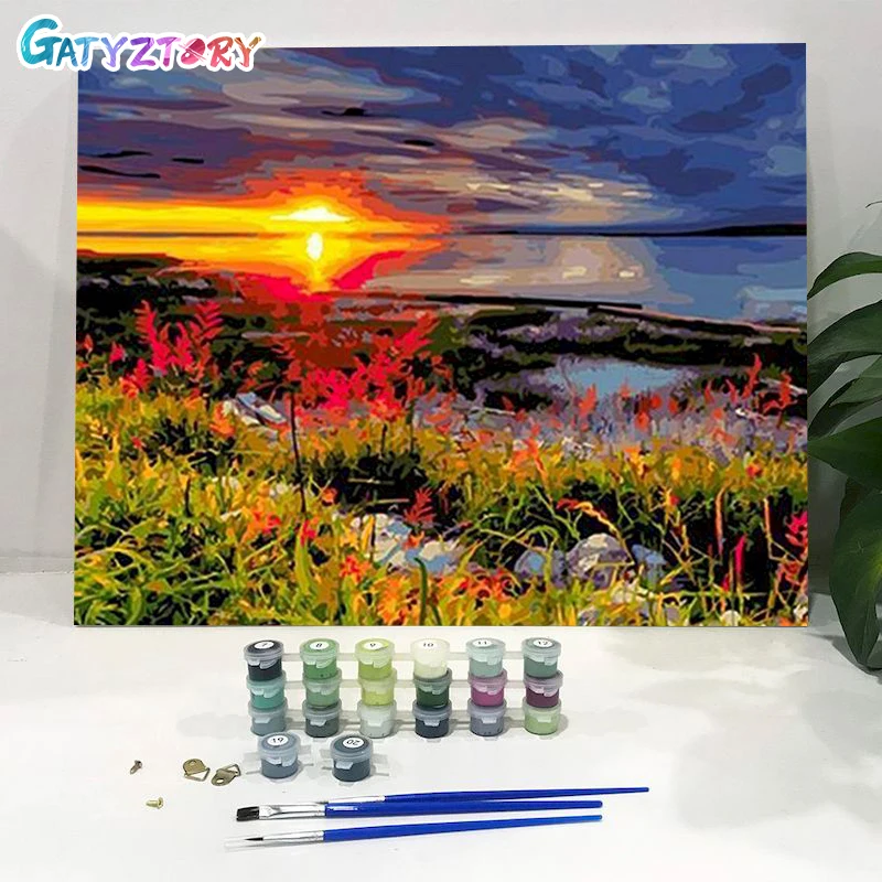 

GATYZTORY Painting By Number Sunset Framed Handpainted Canvas Modern Coloring By Numbers Landscape For Home Decor DIY Gift