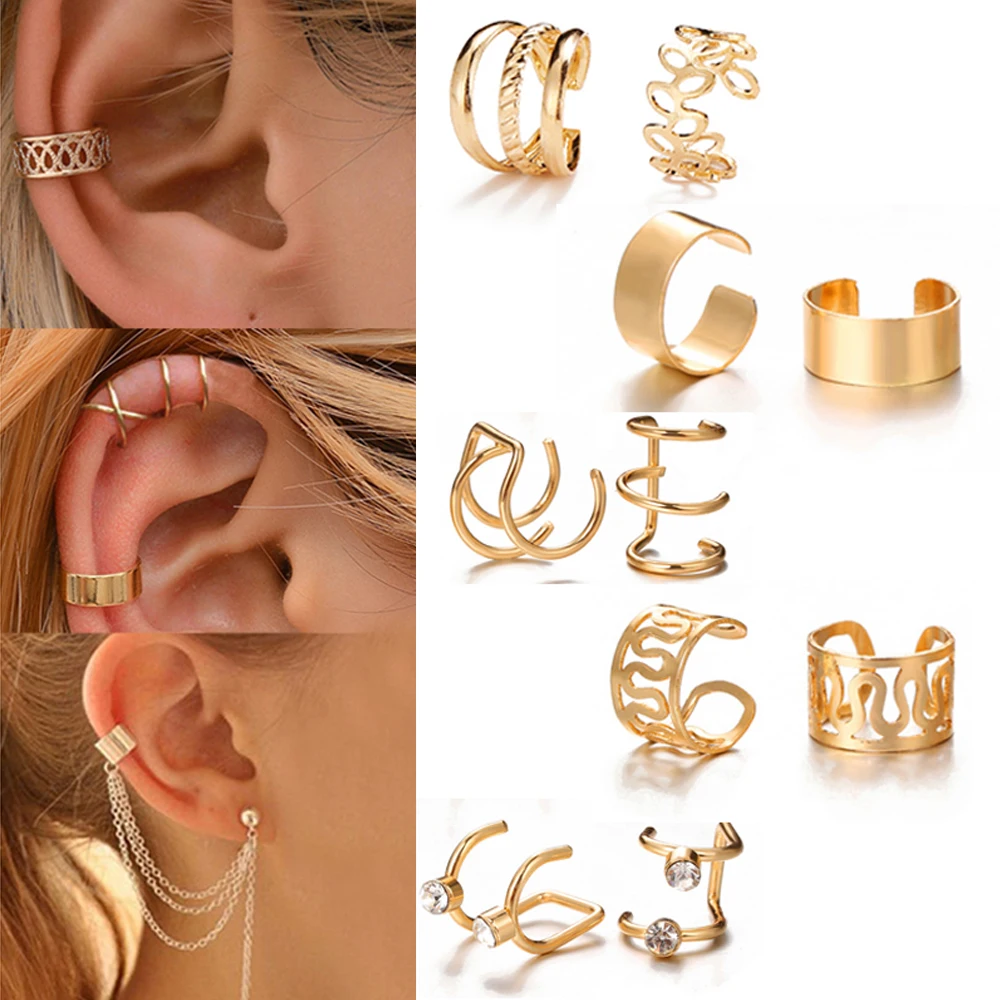 LATS Gold Color Leaves Ear Cuff Black Non-Piercing Ear Clip Earrings for Women Men Fake Cartilage Earring Cuff Jewelry Wholesale images - 6