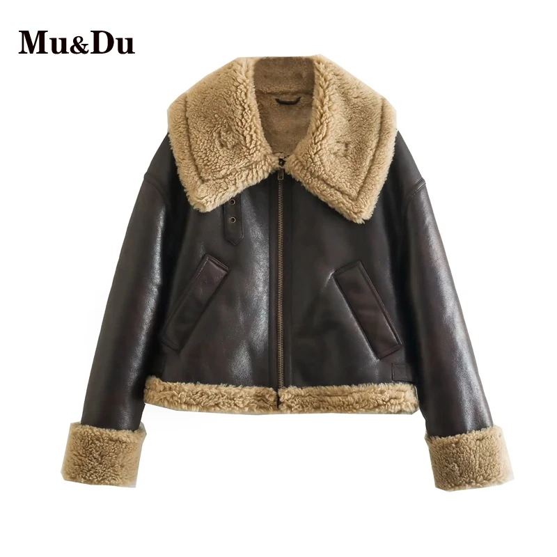 

Зимняя женская куртка Mu & Du, Толстая теплая укороченная куртка из искусственной овчины, пальто, винтажная женская верхняя одежда с длинным рукавом и карманами, шикарные топы