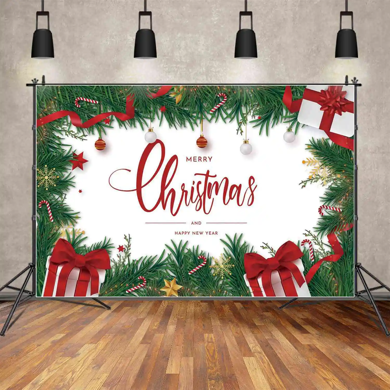 

MOON.QG Backdrop Merry Christmas Banner Red Ribbon Gift Green Pine Wall Background Kids Star Snowflake Bulb Light Photo Booth