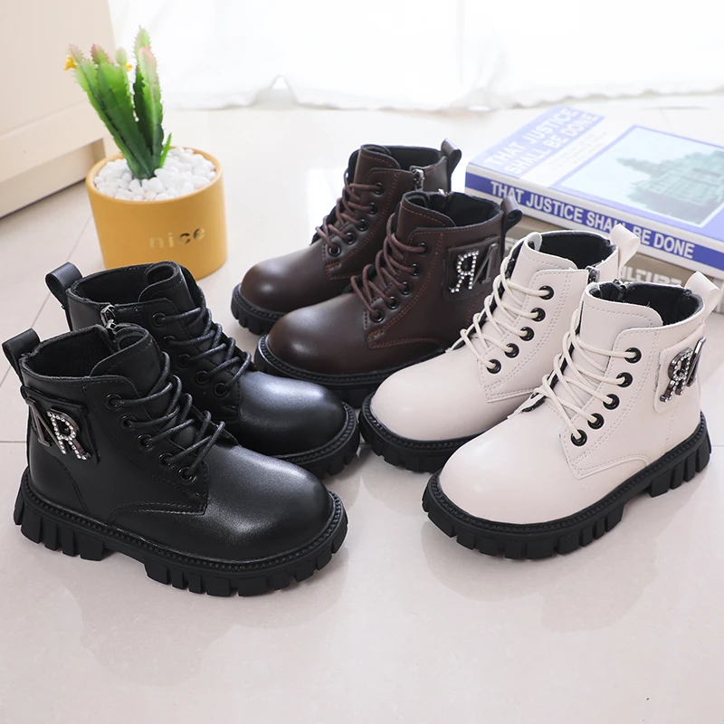 Child New Boots Kids Rubber Boots Girls Leather Boots Boys Tide Boots Fashion with Rhinestone Zipper Ankle Shoes Autumn Winter enlarge