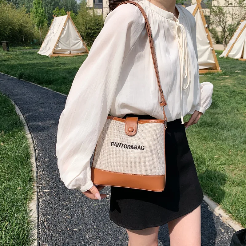 Simple Bucket Single-shoulder Canvas Crossbody Bags Fashion Retro Patchwork Underarm Bag for Women's 2023 New Casual Versatile