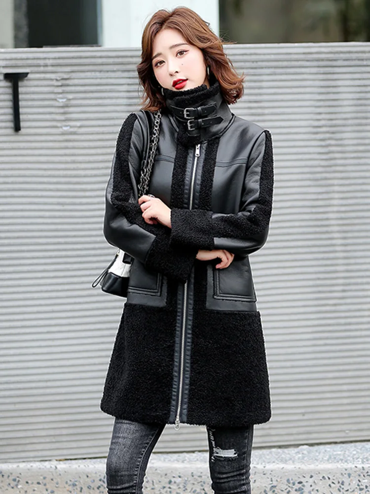 Women Sheepskin Coat Autumn Winter Casual Thicken Warm Jacket Double-faced Lamb Wool Splice Coat Loose Split Leather Outerwear