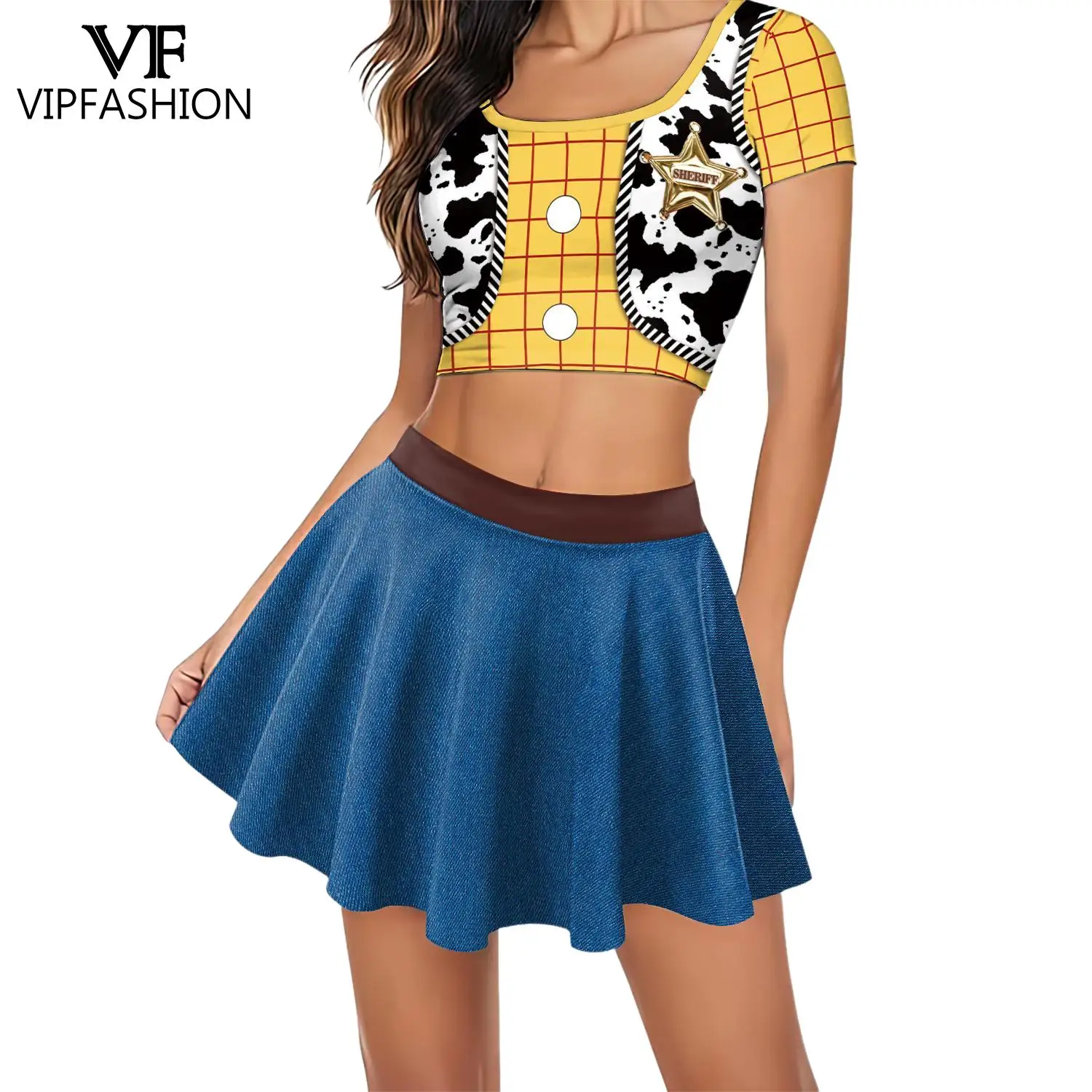 Фото VIP FASHION Костюм для косплея Джесси Вуди, комплект из 2 предметов: женский топ с коротким рукавом и юбка, наряд для тематической вечеринки на Хэллоуин, костюм чирлидерши №4