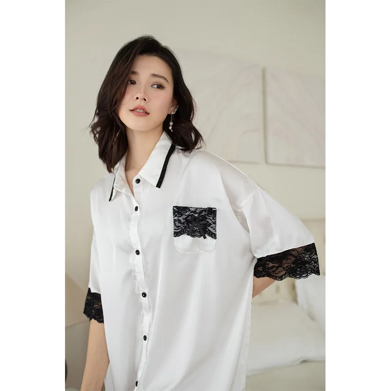 YFTNH Women Nightgown with Belt Sexy Soft Silk Half Sleeve Mini Night Dress Button Down White Long Shirts Fashion Lace Homewear