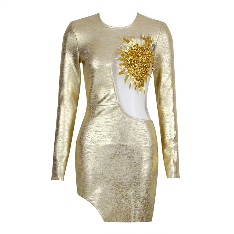 

New Fashion Foil Printing Gold Bandage Dress For Women Long Sleeve Beading Mesh Patchwork Mini Outfits Celebrity Party Dress