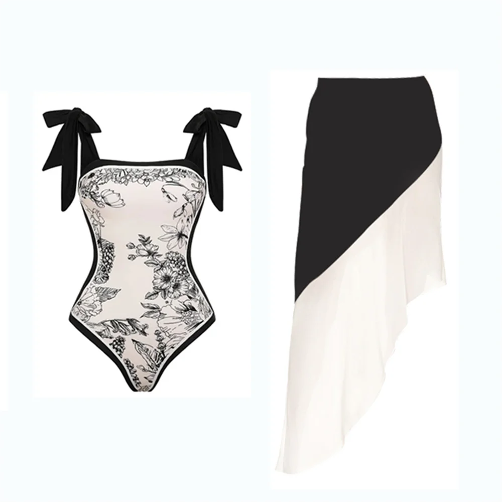 

Black Reversible Tie-Shoulder One Piece Swimsuit for Woman Vintage Swimwear Female Monokini Beach Skirt Bathing Suit
