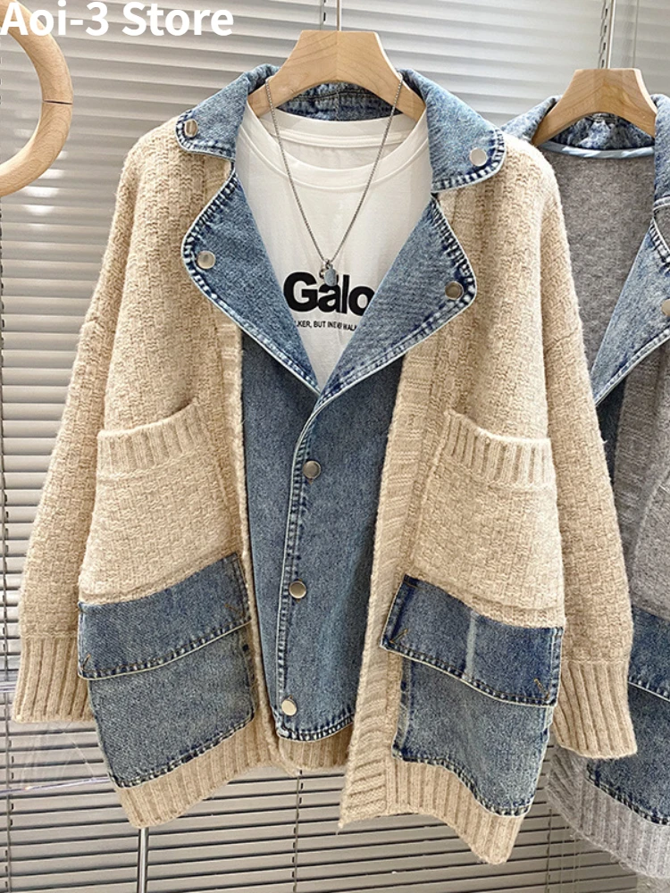 Утепленный Свитер оверсайз кардиган джинсовое пальто Женский Зимний вязаный Топ