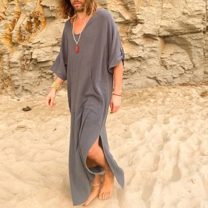 Muslim Southeast Asia New Men's Loose Solid Color V-neck Robe Men's Ethnic Style Middle East Robe Arabic Jubba Thobe