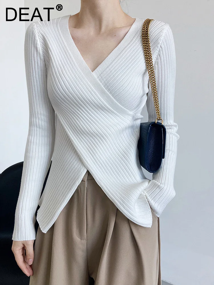 

Женский трикотажный пуловер DEAT, однотонный облегающий свитер с V-образным вырезом и длинными рукавами, осень 2023