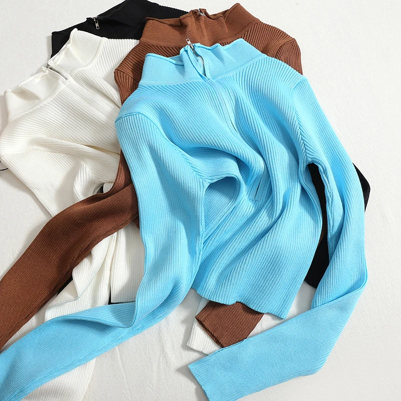 

Hikigawa Chic Fashion Women Autumn Stand Collar Zipper Long Sleeve Sweater Solid Thin Knit Slim Fit Bottoming Pullover Top Mujer