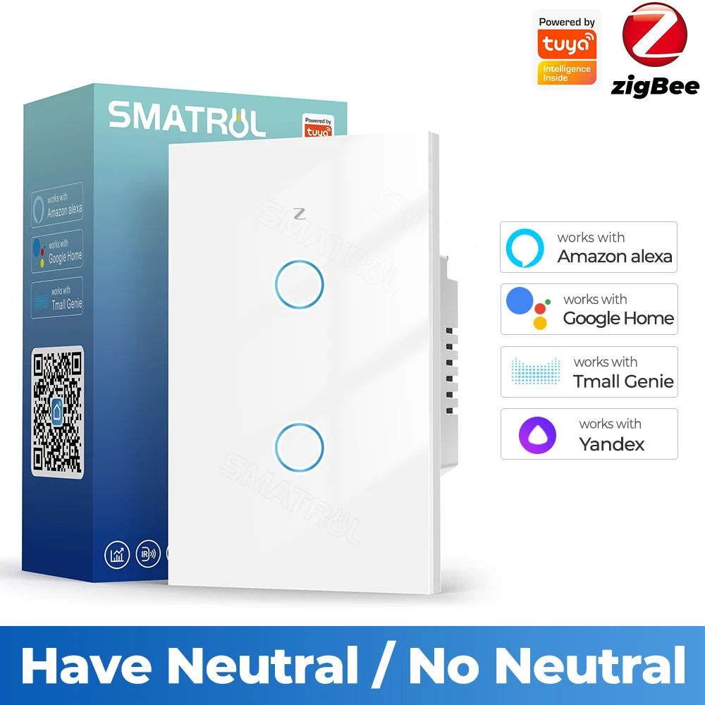 Умный сенсорный выключатель Tuya Zigbee, выключатель без нейтрального провода, без конденсатора, 1/2/3 клавиши, США, Бразилия, 110-240 В, настенный, ВКЛ./ВЫКЛ., для Alexa, Google Home