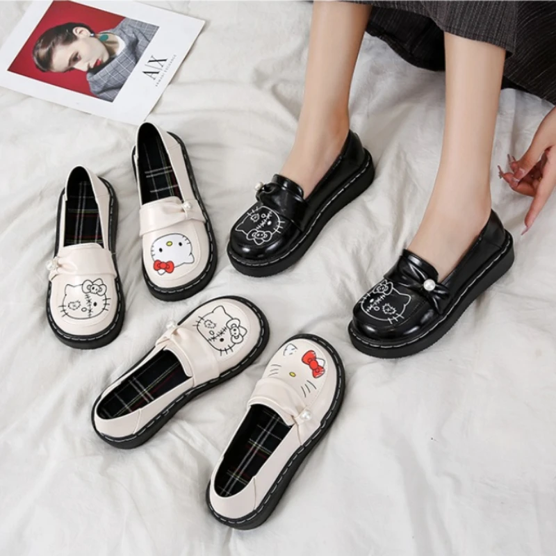 

Hello Kitty Girls Flat Shoes Cute Japanese Round Toe Small Leather Shoes Female Y2k Uniform Flat Student All-match Single Shoes