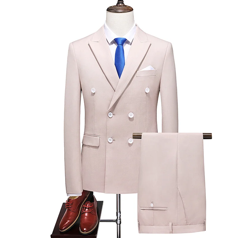 2022 Fashion New Men's Boutique Business Double Breasted Solid Color Suit Set / Male Slim Wedding 2 Pieces Blazers Jacket Pants